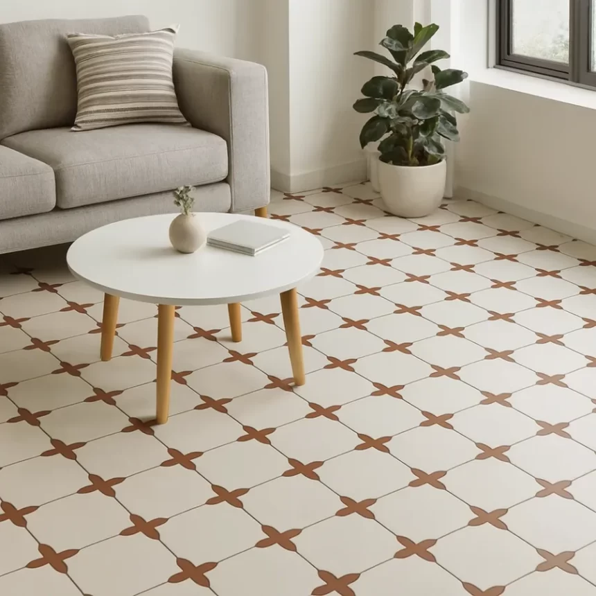 Sàn phòng khách lát gạch bông Novita OLIVE 2230 Phối cảnh phòng khách hiện đại với sàn lát gạch bông Novita OLIVE 2230, thể hiện hoa văn và màu sắc thật của gạch