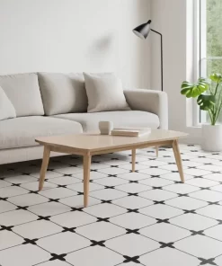 Sàn phòng khách lát gạch bông Novita OLIVE 2231 kích thước 20x20, bề mặt men matt, hoa văn lặp đúng mẫu như ảnh tham chiếu