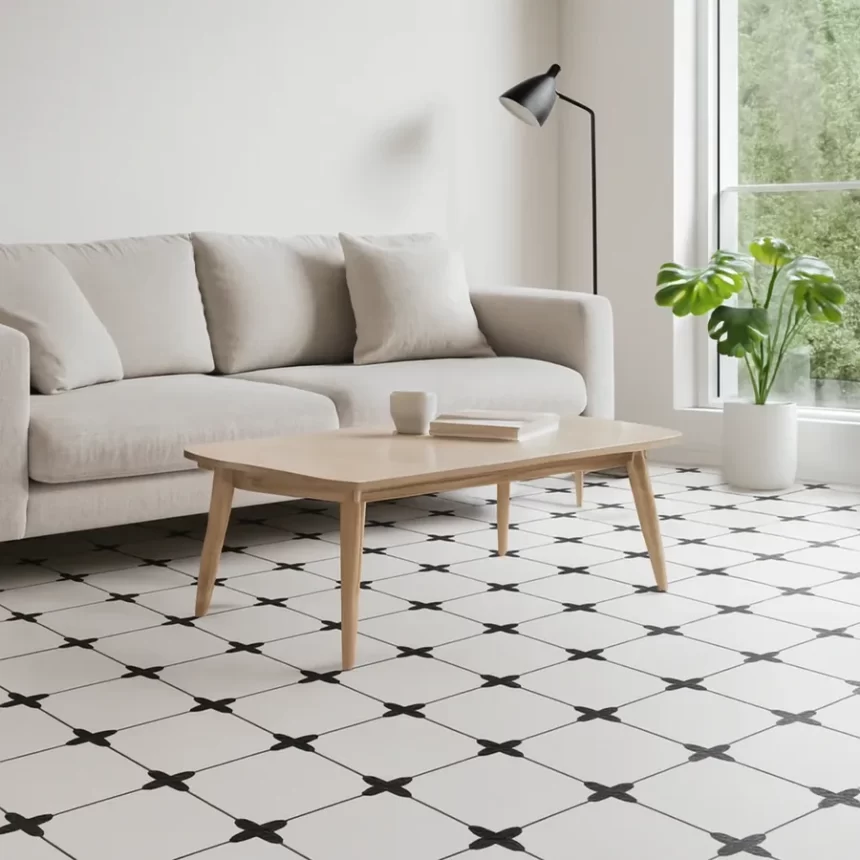 Sàn phòng khách với gạch bông Novita OLIVE 2231 Sàn phòng khách lát gạch bông Novita OLIVE 2231 kích thước 20x20, bề mặt men matt, hoa văn lặp đúng mẫu như ảnh tham chiếu