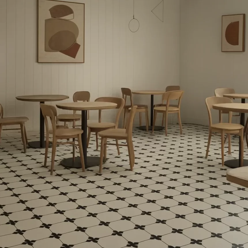 Quán cafe nghệ thuật lát gạch bông Novita OLIVE 2231 Sàn quán cafe lát gạch bông Novita OLIVE 2231, hoa văn nổi bật, phù hợp không gian sáng tạo