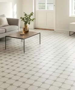 Gạch bông Novita OLIVE 2233 lát kín sàn phòng khách, họa tiết được ghép như mẫu tham chiếu, sáng thực, chân thực
