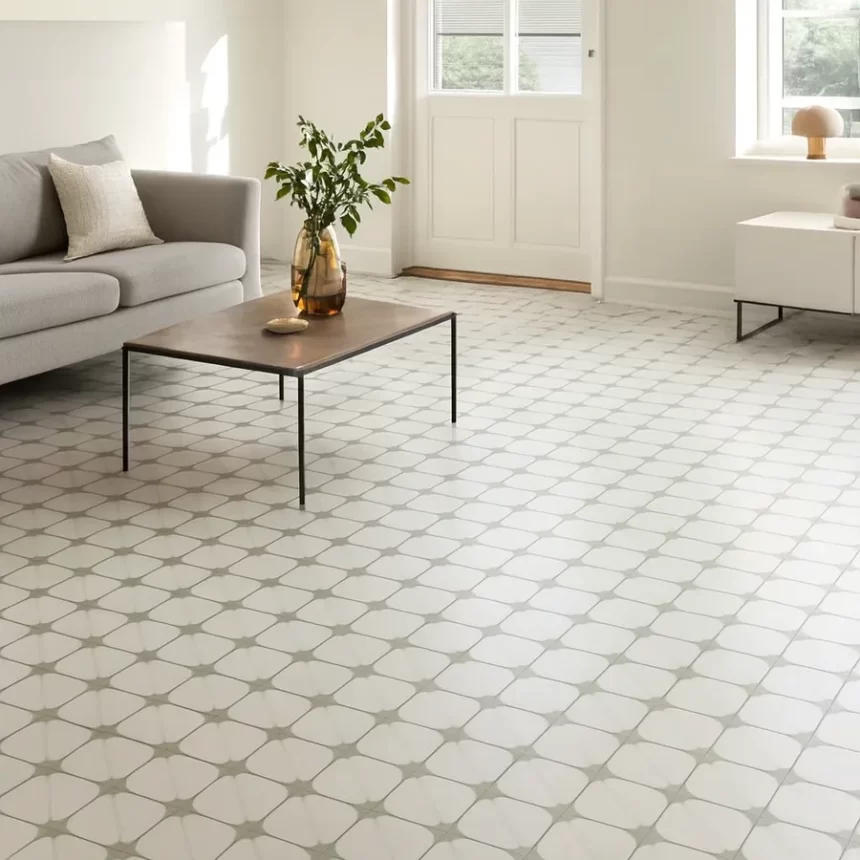 Gạch bông Novita OLIVE 2233 lát sàn phòng khách Gạch bông Novita OLIVE 2233 lát kín sàn phòng khách, họa tiết được ghép như mẫu tham chiếu, sáng thực, chân thực