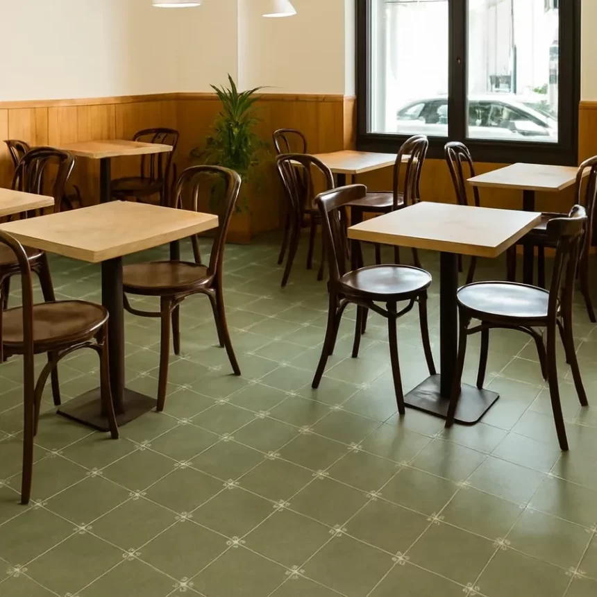 Sàn quán cafe lát gạch bông Novita OLIVE 2234 Không gian quán cafe với sàn gạch bông Novita OLIVE 2234 20x20, xanh olive, họa tiết nhẹ nhàng ở góc gạch, lát đều, bề mặt matt.