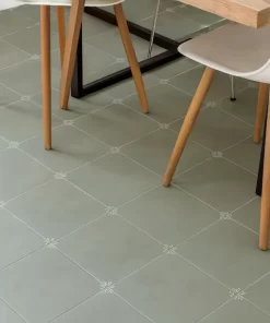 Sàn phòng ăn lát gạch bông Novita OLIVE 2234 20x20 màu xanh olive, hoa văn đơn giản ở góc, bề mặt matt.