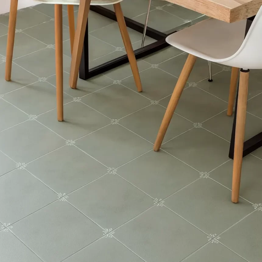 Sàn phòng ăn lát gạch bông Novita OLIVE 2234 Sàn phòng ăn lát gạch bông Novita OLIVE 2234 20x20 màu xanh olive, hoa văn đơn giản ở góc, bề mặt matt.
