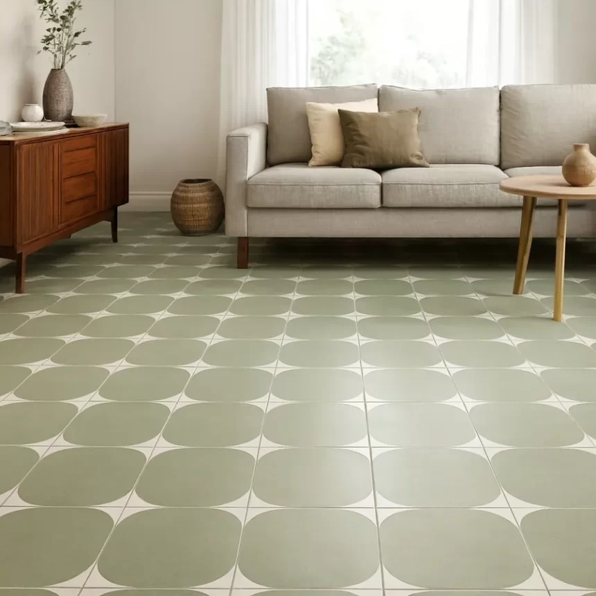 Gạch bông Novita OLIVE 2235 lát sàn phòng khách hiện đại Sàn phòng khách lát gạch bông Novita OLIVE 2235, họa tiết đơn giản, màu xanh olive, ánh sáng tự nhiên.