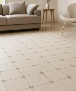 Sàn phòng khách lát gạch bông Novita OLIVE 2236, tông màu be, men matt, họa tiết góc đặc trưng lặp lại tự nhiên