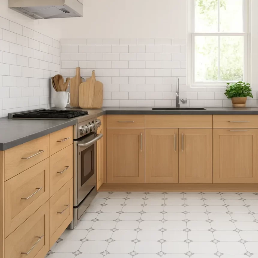Phối cảnh sàn nhà bếp lát gạch bông Novita OLIVE 2237 kích thước 20x20cm, bề mặt matt, với hoa văn góc retro tối giản đặc trưng.
