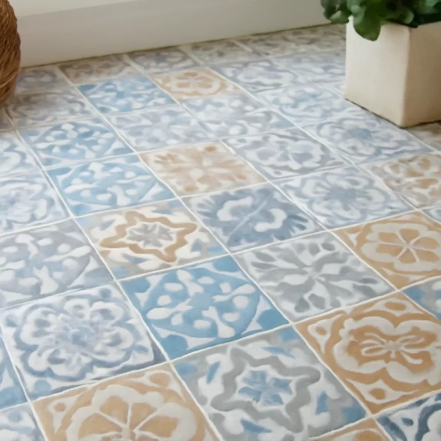 Gạch bông 20x20 họa tiết nổi bật trên bề mặt sàn, ánh sáng tự nhiên làm rõ độ tương phản hoa văn