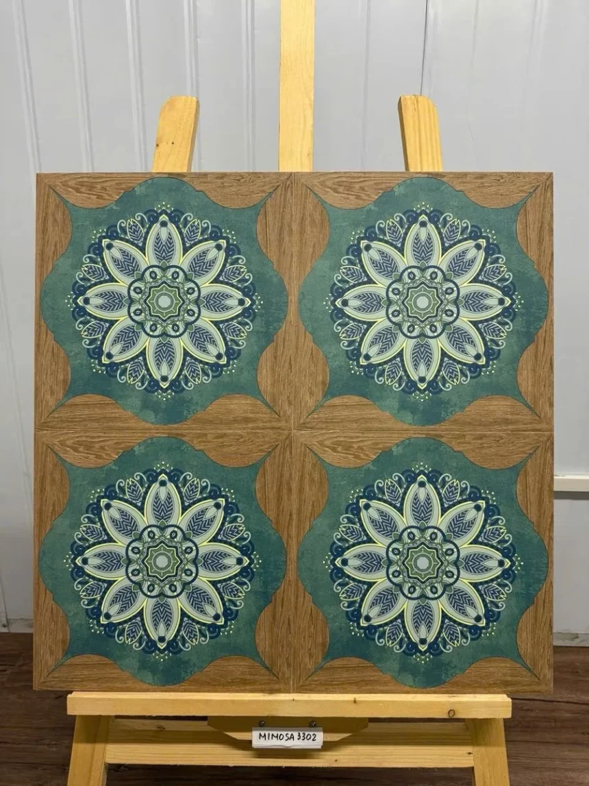 Gạch bông 30x30 hãng Novita MIMOSA 3302 Gạch bông 30x30 hãng Novita MIMOSA 3302, hoạ tiết mandala phối xanh rêu, nâu vân gỗ