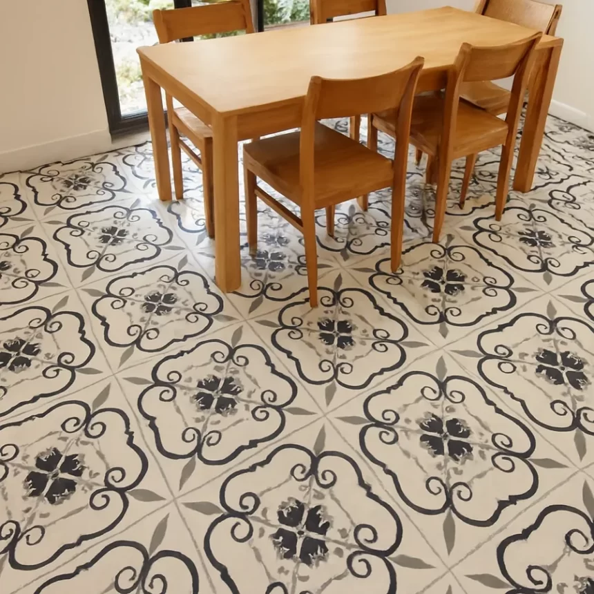 Gạch bông Novita MIMOSA 3303 lát nền phòng ăn Cận cảnh nền phòng ăn lát gạch bông Novita MIMOSA 3303 với nhịp lặp họa tiết đen xám trên nền trắng, bề mặt men matt