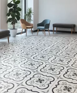 Sảnh văn phòng rộng lát gạch bông Novita MIMOSA 3303 đúng hoa văn đen xám trên nền trắng, bề mặt matte