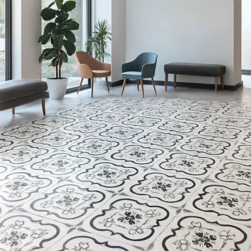 Sảnh văn phòng lát gạch bông Novita MIMOSA 3303 Sảnh văn phòng rộng lát gạch bông Novita MIMOSA 3303 đúng hoa văn đen xám trên nền trắng, bề mặt matte