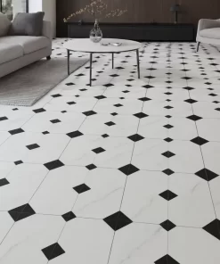 Sàn phòng khách lát gạch bông Novita MIMOSA 3307 trắng vân xám, góc đen, bề mặt men matt