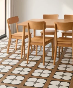 Phòng ăn lát gạch bông Novita MIMOSA 3311 30x30, hoa văn trắng đen xám nâu gỗ, bề mặt matt, ánh sáng tự nhiên