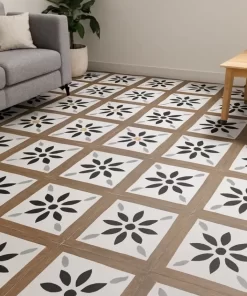 Phối cảnh phòng khách với sàn lát gạch bông 30x30 Novita MIMOSA 3313, hoa văn, màu sắc và vân gỗ đồng bộ như mẫu tham chiếu.