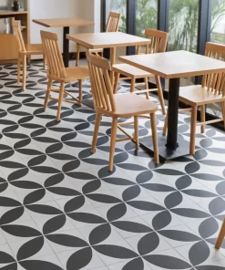 Không gian quán cà phê lát sàn gạch bông 30x30 Novita MIMOSA 3314, hoa văn đen trắng cá tính