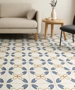 Gạch bông Novita MIMOSA 3316 màu xanh dương-nâu trên nền trắng lát trên sàn phòng khách phong cách hiện đại, ánh sáng tự nhiên.