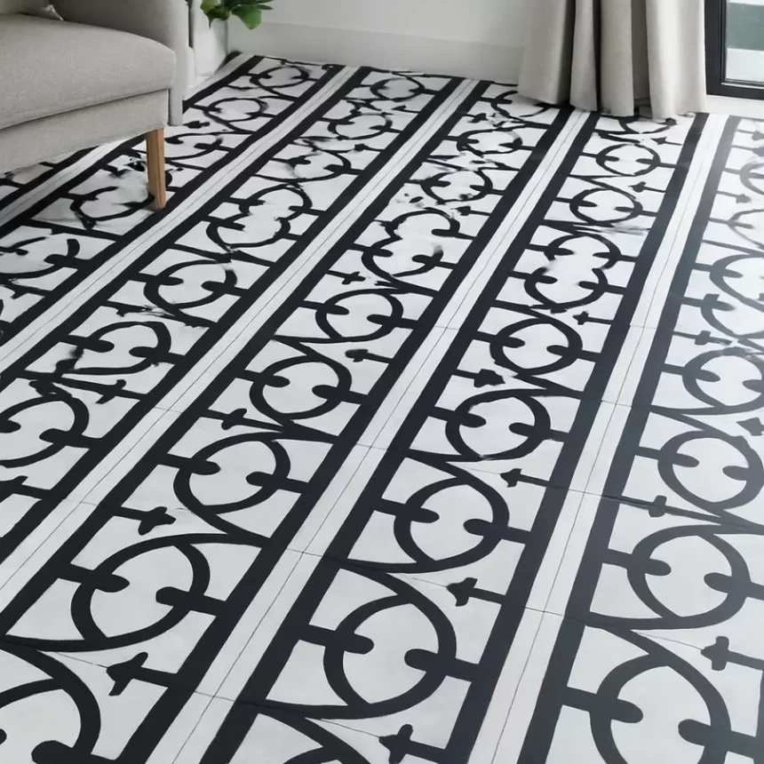 Gạch bông Novita MIMOSA 3321 lát sàn phòng khách hiện đại Sàn phòng khách sử dụng gạch bông 30x30 Novita MIMOSA 3321 họa tiết đen trắng, lát đều theo nhịp lặp tự nhiên của gạch.