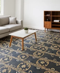 Gạch bông Novita MIMOSA 3327 lát nền phòng khách hiện đại, giữ nguyên màu sắc, hoa văn và nhịp lặp mẫu gạch.