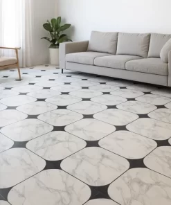 Sàn phòng khách lát gạch bông 30x30 Novita MIMOSA 3328, màu trắng vân xám điểm đen, hoa văn rõ nét, không gian sáng, hiện đại