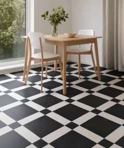 Gạch bông 30x30 màu đen trắng Novita MIMOSA 3329 lát kín sàn phòng ăn hiện đại, họa tiết rõ nét.