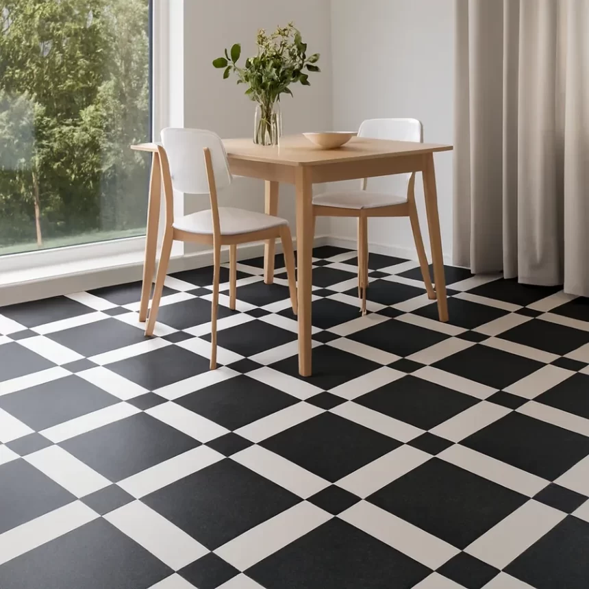 Gạch bông 30x30 Novita MIMOSA 3329 lát sàn phòng ăn Gạch bông 30x30 màu đen trắng Novita MIMOSA 3329 lát kín sàn phòng ăn hiện đại, họa tiết rõ nét.