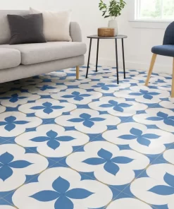 Gạch bông 30x30 Novita MIMOSA 3330 lát sàn, họa tiết xanh dương - trắng - vàng nâu ứng dụng trong phòng khách sáng, hiện đại