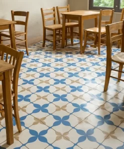 Gạch bông 30x30 Novita MIMOSA 3330 lát nền quán cafe, hoa văn xanh dương - trắng - vàng nâu tạo cảm hứng retro