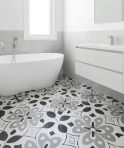 Sàn phòng tắm dùng gạch bông Novita MIMOSA 3334, hoa văn cổ điển màu đen xám trắng, ánh sáng tự nhiên
