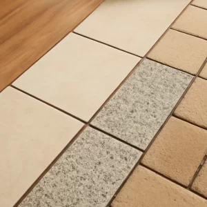 Bề mặt ốp lát với mạch ron màu nâu phối cùng gạch giả gỗ, gạch tông be và mảng giả đá, nhìn đồng bộ trong ánh sáng tự nhiên