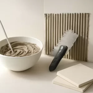 Keo dán gạch ceramic đang được trét bằng bay răng cưa trên nền thi công chuẩn bị sẵn, minh họa việc chọn cấp keo phù hợp.