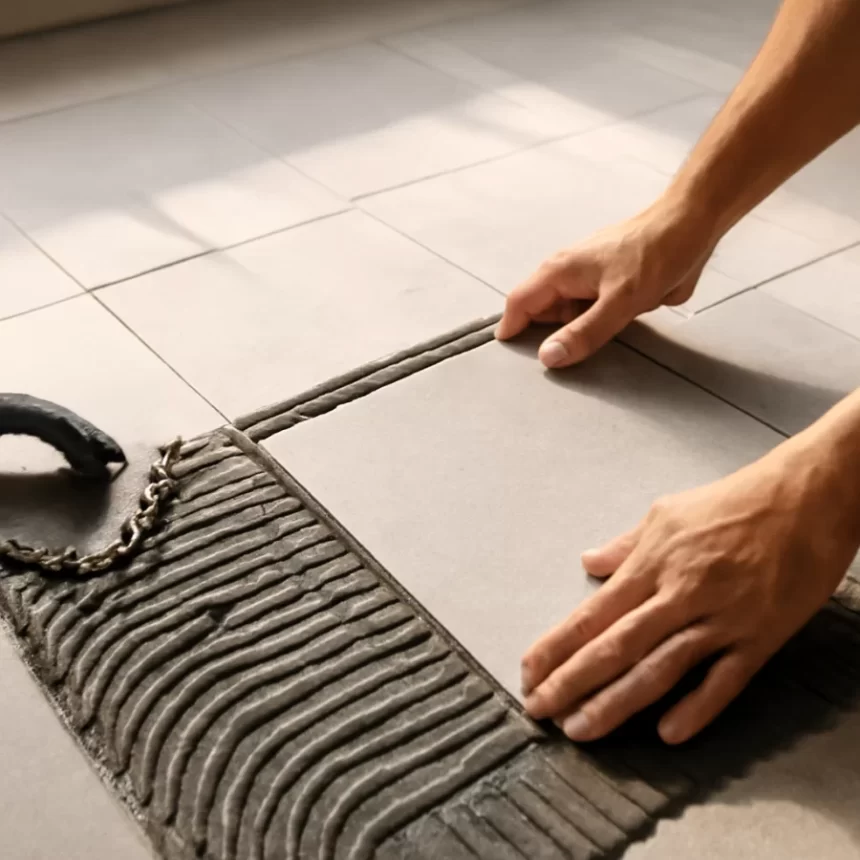 Thi công keo dán gạch: bay răng cưa tạo rãnh keo trên nền ốp lát sạch, phục vụ quy trình từ xử lý nền đến kiểm soát thời gian mở