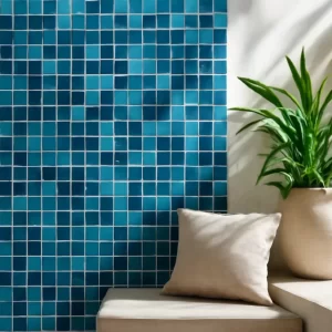 Toàn cảnh không gian nội thất nổi bật với mảng gạch mosaic xu hướng 2027 (vảy cá, kitkat và mảng nhấn tiết chế) trong ánh sáng tự nhiên.
