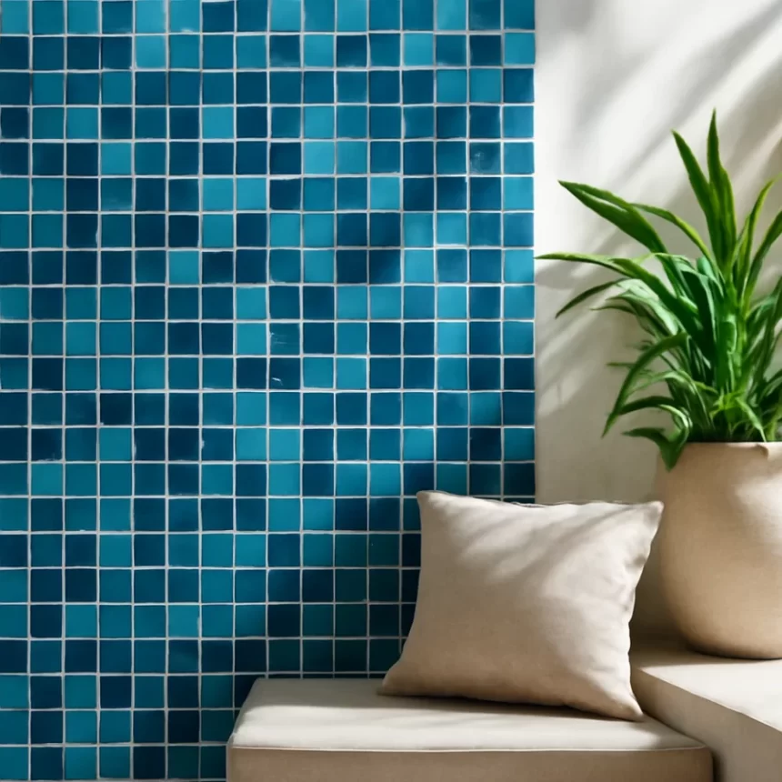 Toàn cảnh không gian nội thất nổi bật với mảng gạch mosaic xu hướng 2027 (vảy cá, kitkat và mảng nhấn tiết chế) trong ánh sáng tự nhiên.