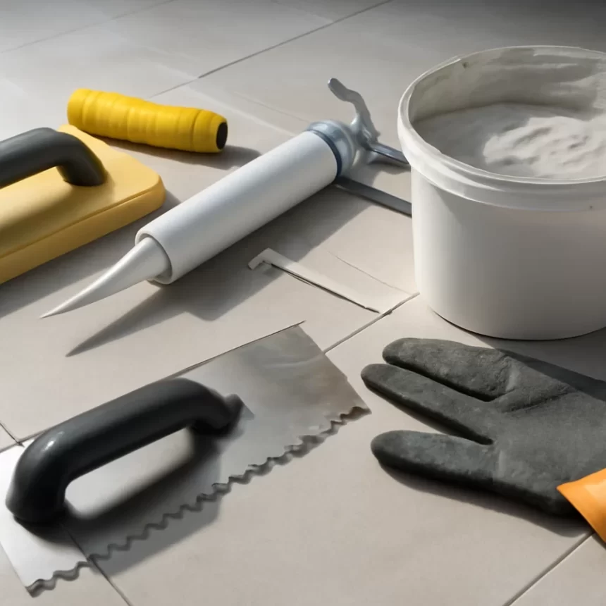 Bộ công cụ thi công keo chít mạch với bay chít, súng bắn keo và bi cầu miết ron trên nền vật liệu thi công