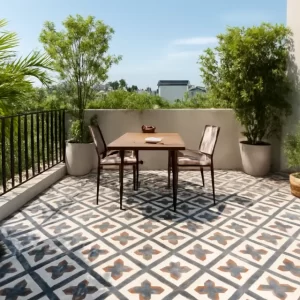 Góc sân thượng lát gạch bông họa tiết, mô phỏng điều kiện nắng mưa và thoát nước