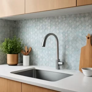 Không gian bếp hiện đại với mảng gạch mosaic ốp tường, nhấn vào bề mặt và đường ron nổi bật