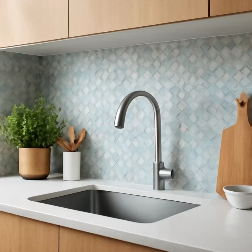 Không gian bếp hiện đại với mảng gạch mosaic ốp tường, nhấn vào bề mặt và đường ron nổi bật