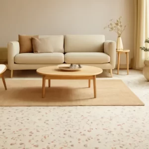 Phòng khách hiện đại với nền gạch terrazzo tông trung tính và các hạt màu hài hòa cùng đồ nội thất