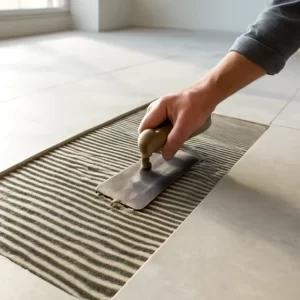 Toàn cảnh thi công dán gạch khổ lớn với bay răng cưa và khay keo trên nền gạch, thể hiện thao tác kiểm soát độ phủ và trét chặt hai mặt