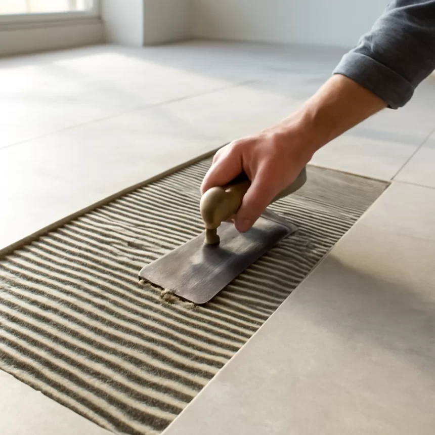 Toàn cảnh thi công dán gạch khổ lớn với bay răng cưa và khay keo trên nền gạch, thể hiện thao tác kiểm soát độ phủ và trét chặt hai mặt