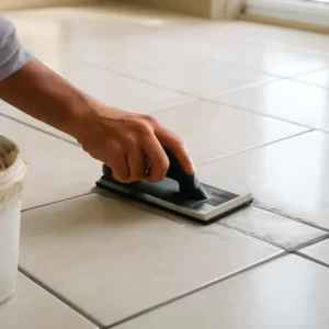 Cận cảnh thợ thi công keo chít mạch đang miết ron giữa các viên gạch ốp lát, ánh sáng tự nhiên rõ bề mặt ron